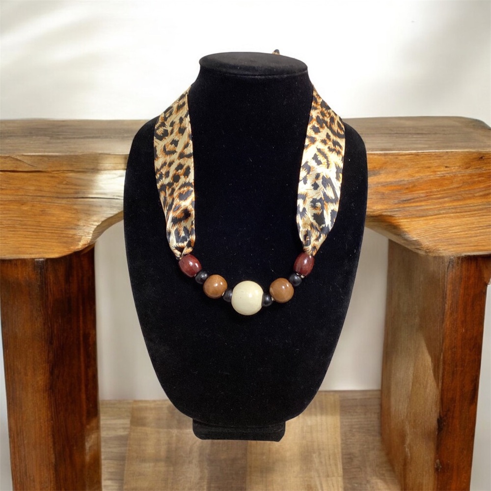 (#38) Handmade Brown Statement Necklace with Leopard Print